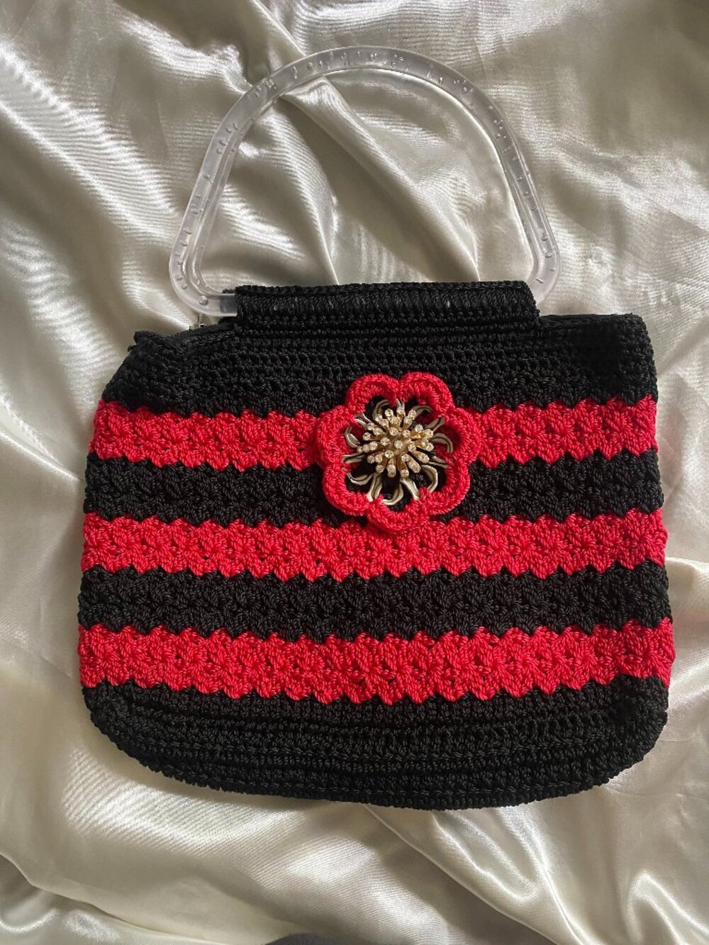 Black and Red Striped Crochet Plastic Handle Brooch Boho Purse Unique